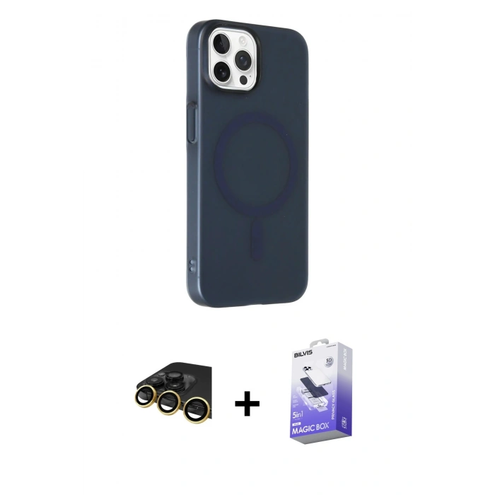 MARSİLYAN™- iPhone 14 Pro Max Kılıf Çekirdek Modern Prime - Siyah Bilvis 5in1 5D Magic Hayalet Cam Ekran Koruyucu + Gold Raze Metal Kamera Lens