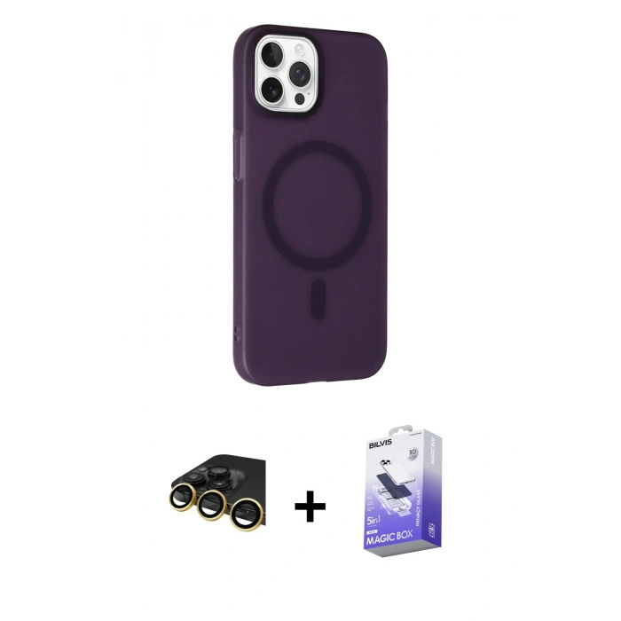 MARSİLYAN™- iPhone 14 Pro Max Kılıf Çekirdek Modern Prime - Siyah Bilvis 5in1 5D Magic Hayalet Cam Ekran Koruyucu + Gold Raze Metal Kamera Lens