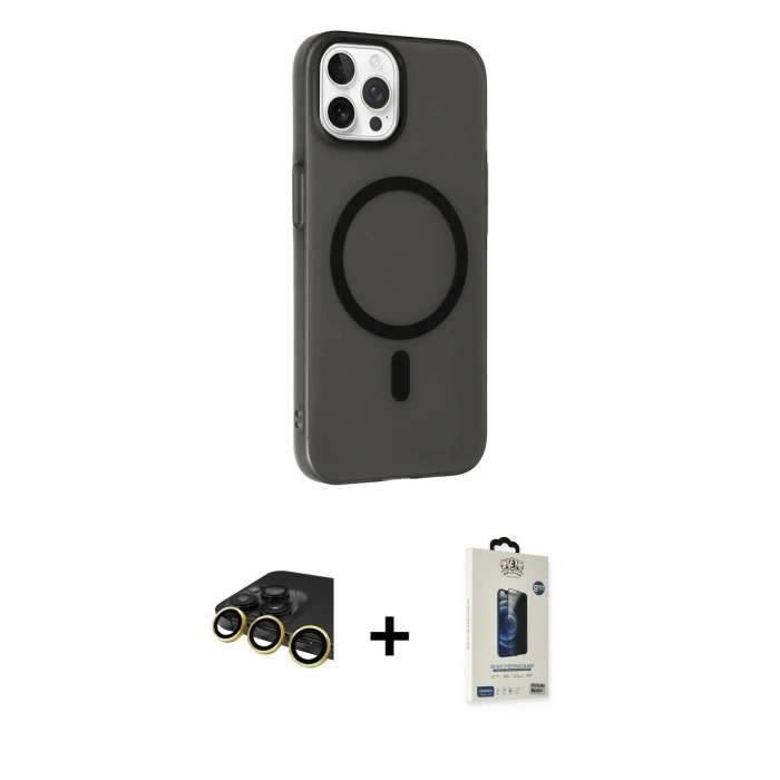 MARSİLYAN™- iPhone 14 Pro Max Kılıf Çekirdek Modern Prime - Siyah Bilvis Hayalet Cam Ekran Koruyucu + Raze Metal Kamera Lens - GD