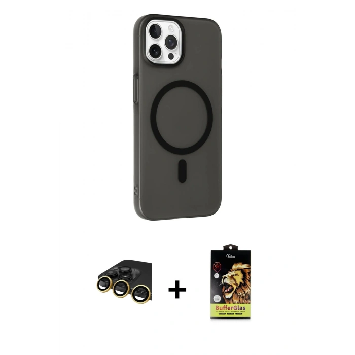 MARSİLYAN™- iPhone 14 Pro Max Kılıf Çekirdek Modern Prime - Siyah Buffer Cam Ekran Koruyucu + Raze Metal Kamera Lens - GD