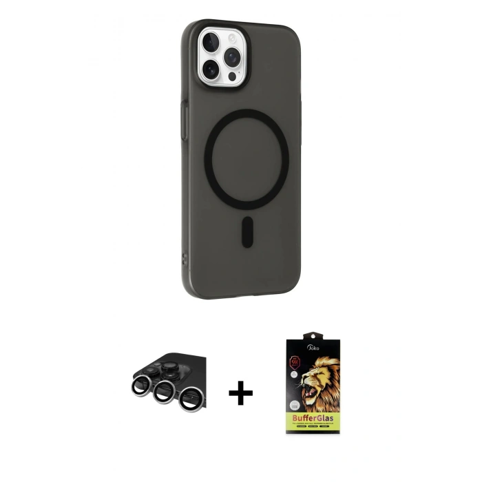 MARSİLYAN™- iPhone 14 Pro Max Kılıf Çekirdek Modern Prime - Siyah Buffer Cam Ekran Koruyucu + Raze Metal Kamera Lens - GS