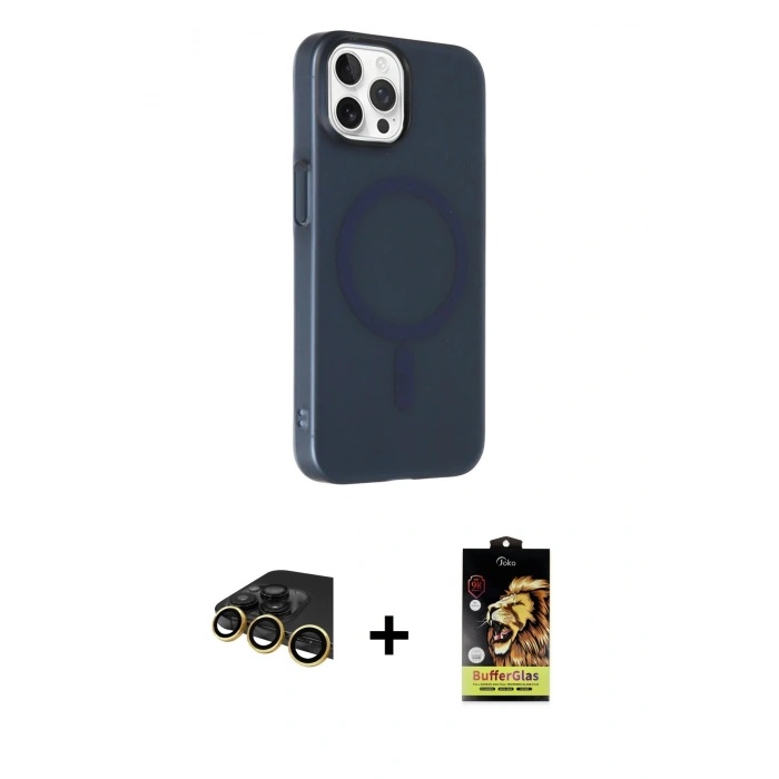 MARSİLYAN™- iPhone 14 Pro Max Kılıf Çekirdek Modern Prime - Siyah Buffer Cam Ekran Koruyucu + Raze Metal Kamera Lens - GD