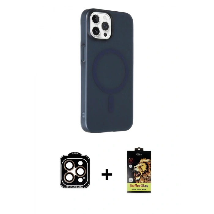 MARSİLYAN™- iPhone 14 Pro Max Kılıf Çekirdek Modern Prime - Siyah Buffer Cam Ekran Koruyucu + Turuncu PVD Metal Kamera Lens