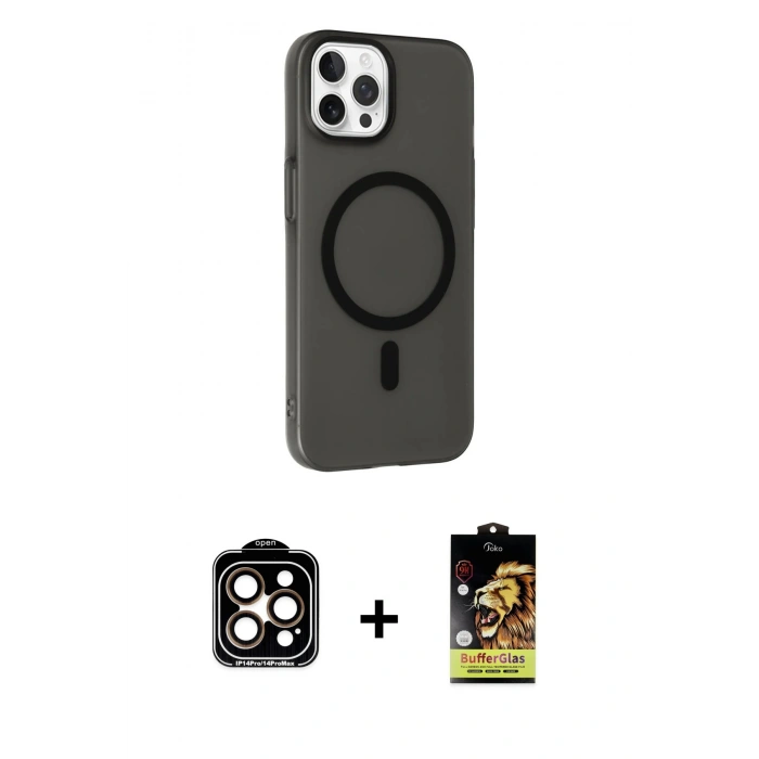 MARSİLYAN™- iPhone 14 Pro Max Kılıf Çekirdek Modern Prime - Siyah Buffer Cam Ekran Koruyucu + Turuncu PVD Metal Kamera Lens