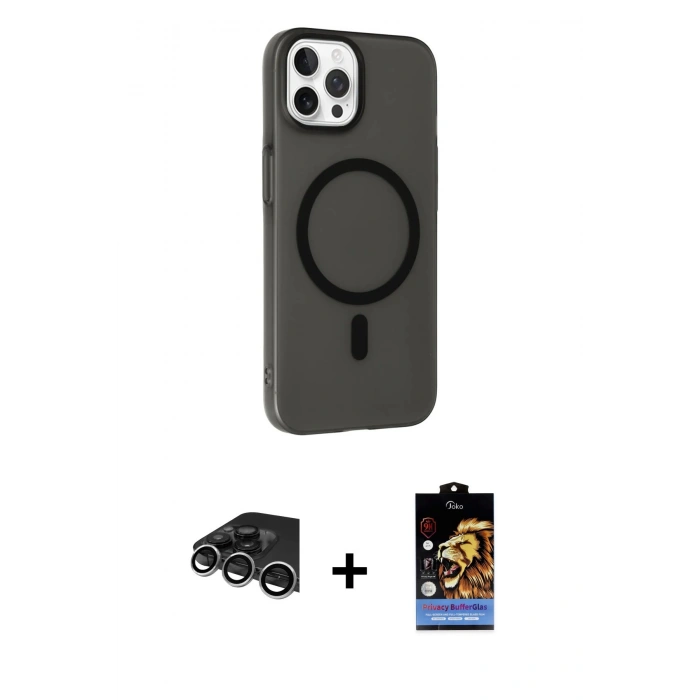MARSİLYAN™- iPhone 14 Pro Max Kılıf Çekirdek Modern Prime - Siyah Buffer Hayalet Cam Ekran Koruyucu + Raze Metal Kamera Lens - GS
