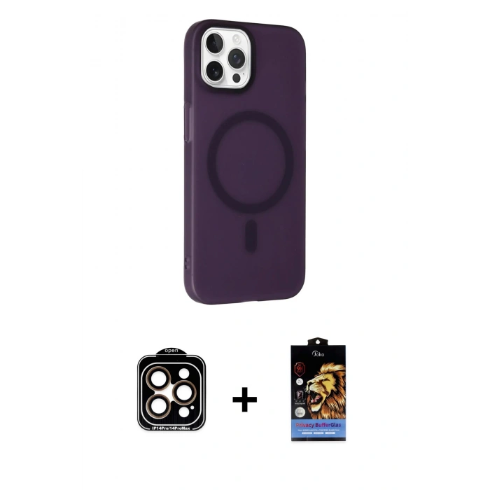 MARSİLYAN™- iPhone 14 Pro Max Kılıf Çekirdek Modern Prime - Siyah Buffer Hayalet Cam Ekran Koruyucu + PVD Metal Kamera Lens - TU