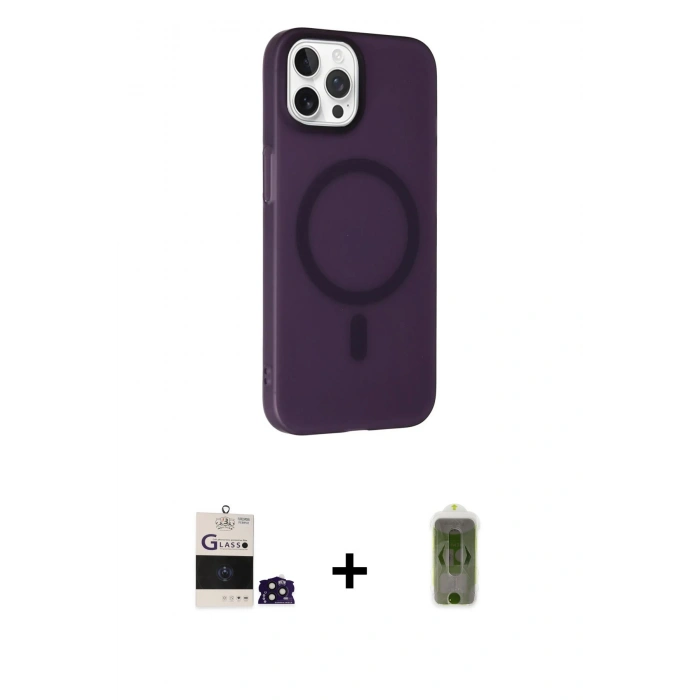 MARSİLYAN™- iPhone 14 Pro Max Kılıf Çekirdek Modern Prime - Siyah Joko Magic 5D Hayalet Cam + Derin Mor Bilvis Titan Kamera Lens