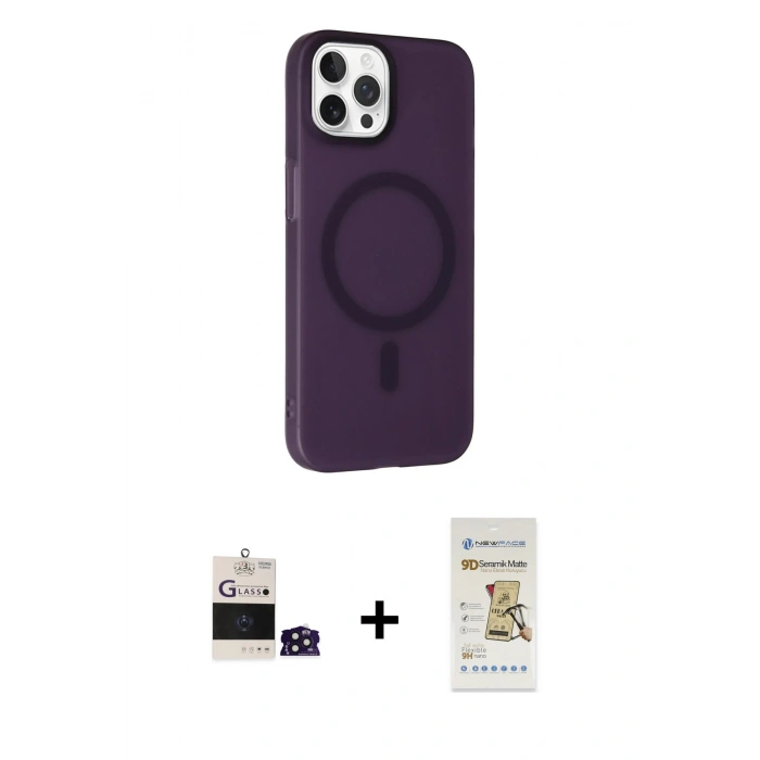 MARSİLYAN™- iPhone 14 Pro Max Kılıf Çekirdek Modern Prime - Siyah Mat Seramik Nano Ekran Koruyucu + Derin Mor Bilvis Titan Kamera Lens