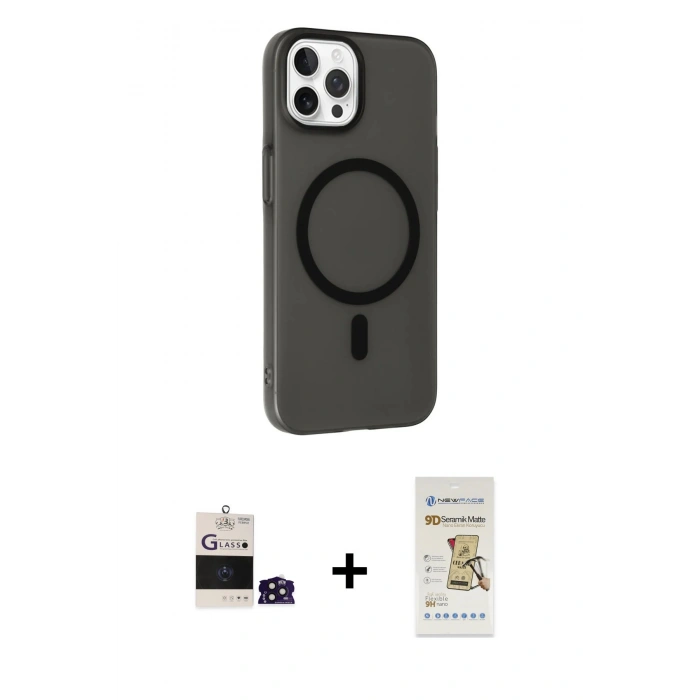 MARSİLYAN™- iPhone 14 Pro Max Kılıf Çekirdek Modern Prime - Siyah Mat Seramik Nano Ekran Koruyucu + Derin Mor Bilvis Titan Kamera Lens