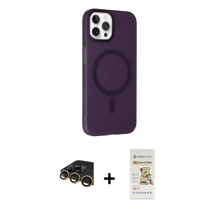 MARSİLYAN™- iPhone 14 Pro Max Kılıf Çekirdek Modern Prime - Siyah Mat Seramik Nano Ekran Koruyucu + Gold Raze Metal Kamera Lens