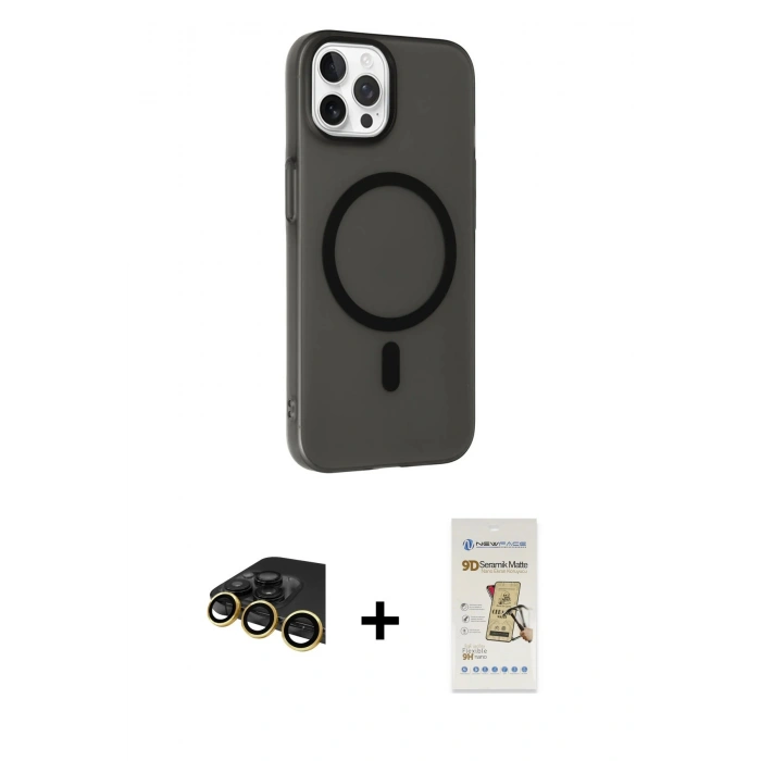 MARSİLYAN™- iPhone 14 Pro Max Kılıf Çekirdek Modern Prime - Siyah Mat Seramik Nano Ekran Koruyucu + Gold Raze Metal Kamera Lens