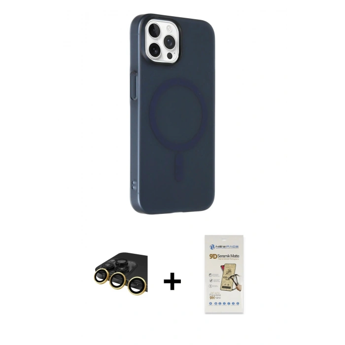 MARSİLYAN™- iPhone 14 Pro Max Kılıf Çekirdek Modern Prime - Siyah Mat Seramik Nano Ekran Koruyucu + Gold Raze Metal Kamera Lens