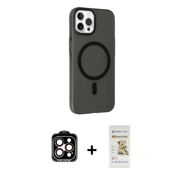 MARSİLYAN™- iPhone 14 Pro Max Kılıf Çekirdek Modern Prime - Siyah Mat Seramik Nano Ekran Koruyucu + PVD Metal Kamera Lens - TU