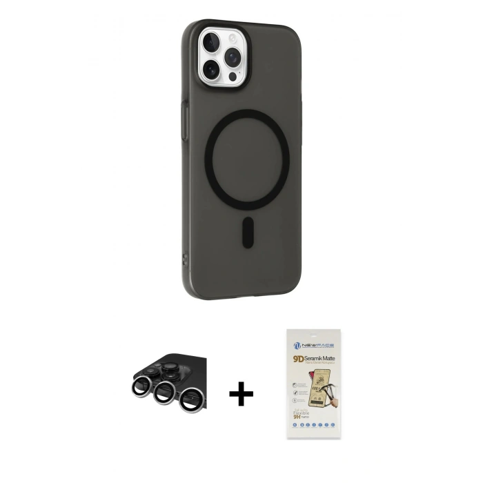 MARSİLYAN™- iPhone 14 Pro Max Kılıf Çekirdek Modern Prime - Siyah Mat Seramik Nano Ekran Koruyucu + Raze Metal Kamera Lens - GS