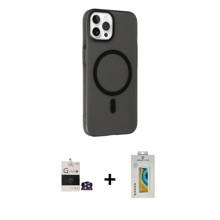MARSİLYAN™- iPhone 14 Pro Max Kılıf Çekirdek Modern Prime - Siyah Polymer Nano Ekran Koruyucu + Bilvis Titan Kamera Lens - GS