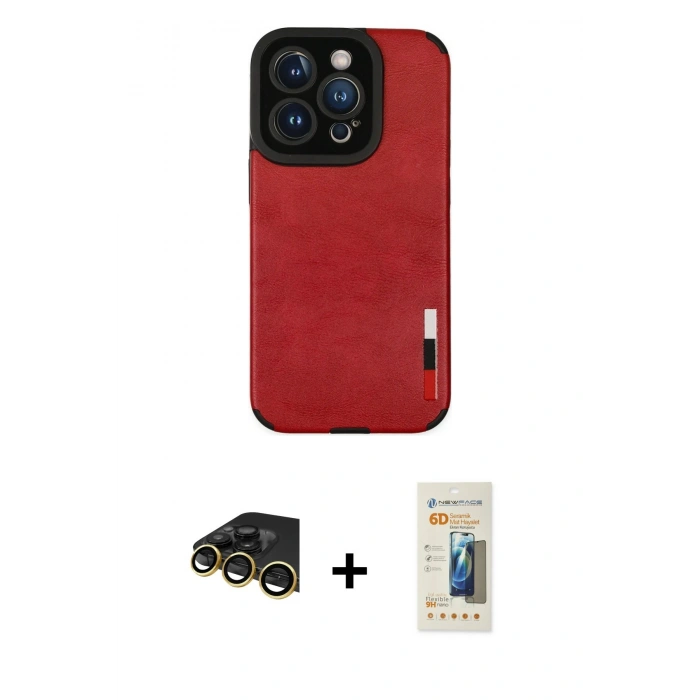 MARSİLYAN™- iPhone 14 Pro Max Kılıf Doruk Asil Koleksiyonu - Siyah 6D Mat Seramik Hayalet Nano Ekran Koruyucu + Gold Raze Metal Kamera Lens