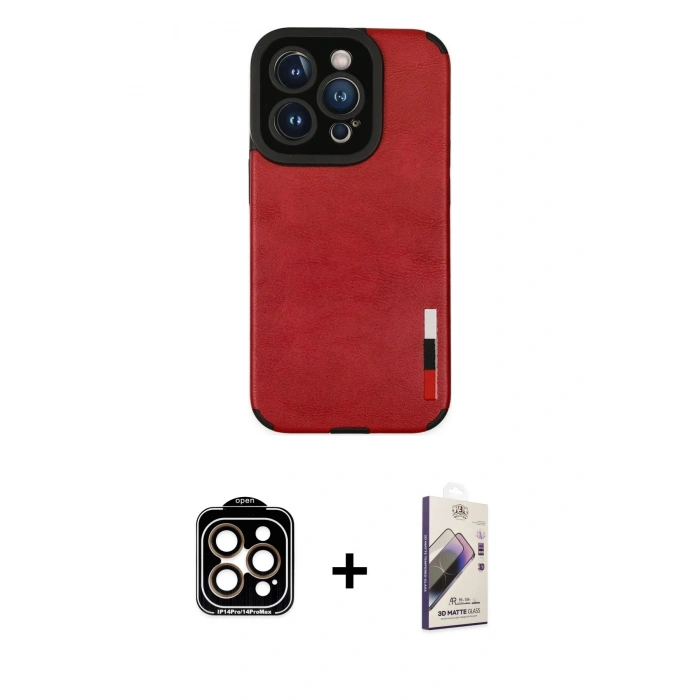 MARSİLYAN™- iPhone 14 Pro Max Kılıf Doruk Asil Koleksiyonu - Siyah Bilvis 3D Mat Cam Ekran Koruyucu + PVD Metal Kamera Lens - TU