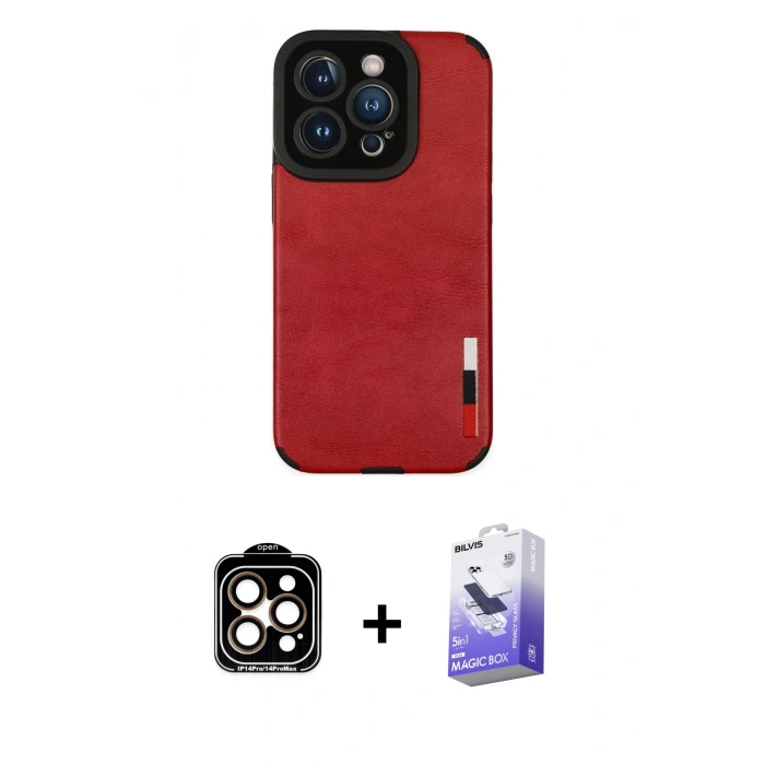 MARSİLYAN™- iPhone 14 Pro Max Kılıf Doruk Asil Koleksiyonu - Siyah Bilvis 5in1 5D Magic Hayalet Cam Ekran Koruyucu + Turuncu PVD Metal Kamera Lens