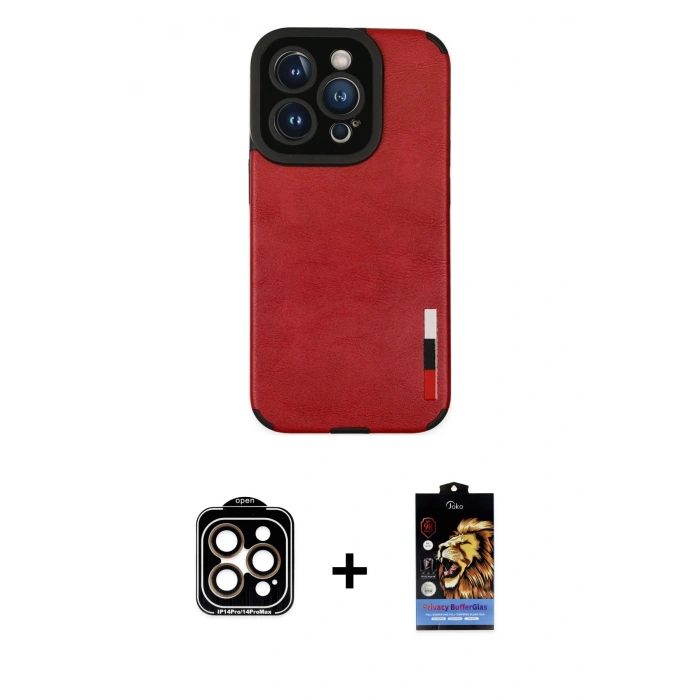 MARSİLYAN™- iPhone 14 Pro Max Kılıf Doruk Asil Koleksiyonu - Siyah Buffer Hayalet Cam Ekran Koruyucu + Turuncu PVD Metal Kamera Lens