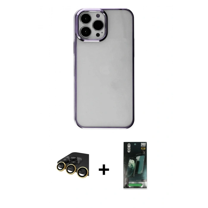 MARSİLYAN™- iPhone 14 Pro Max Kılıf Doruk Doku Prime - Şeffaf 360 Full Body Arka Koruyucu + Raze Metal Kamera Lens - GD