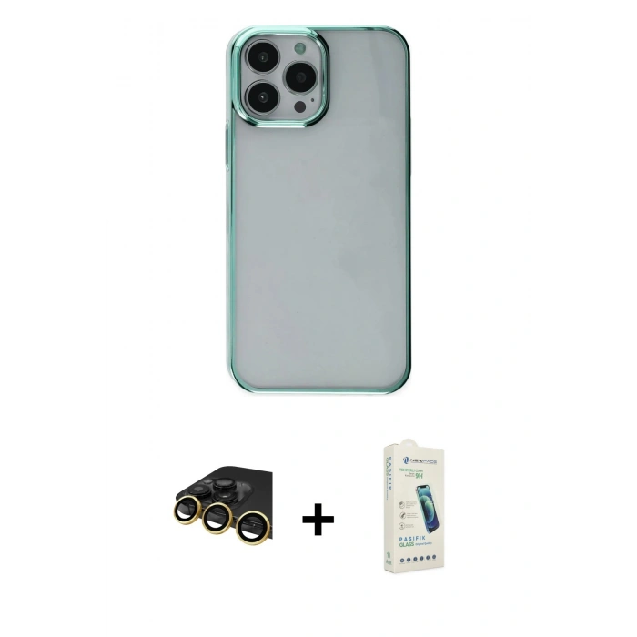 MARSİLYAN™- iPhone 14 Pro Max Kılıf Doruk Doku Prime - Şeffaf Pasifik Cam Ekran Koruyucu + Raze Metal Kamera Lens - GD