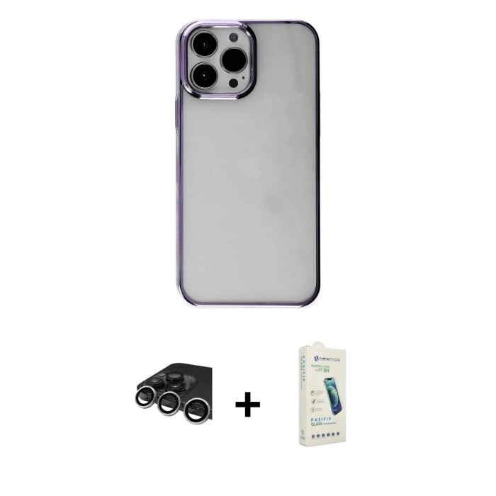 MARSİLYAN™- iPhone 14 Pro Max Kılıf Doruk Doku Prime - Şeffaf Pasifik Cam Ekran Koruyucu + Raze Metal Kamera Lens - GS