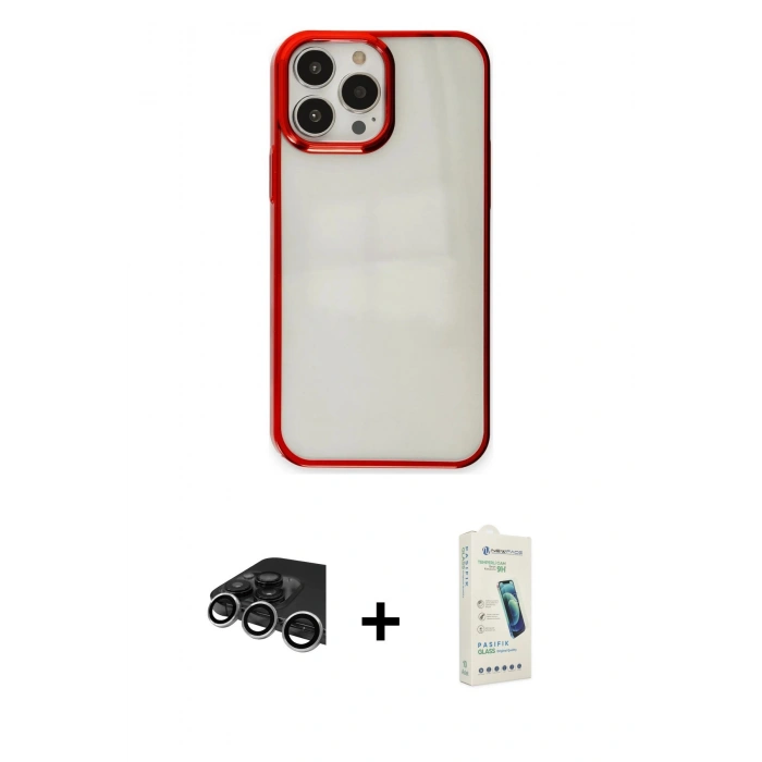 MARSİLYAN™- iPhone 14 Pro Max Kılıf Doruk Doku Prime - Şeffaf Pasifik Cam Ekran Koruyucu + Raze Metal Kamera Lens - GS