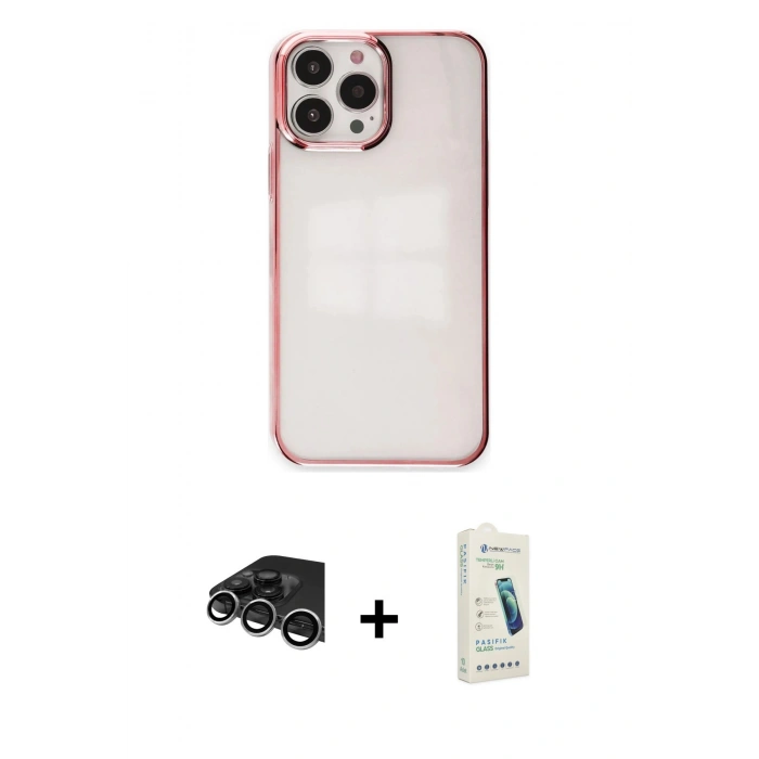 MARSİLYAN™- iPhone 14 Pro Max Kılıf Doruk Doku Prime - Şeffaf Pasifik Cam Ekran Koruyucu + Raze Metal Kamera Lens - GS