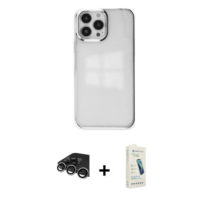MARSİLYAN™- iPhone 14 Pro Max Kılıf Doruk Doku Prime - Şeffaf Pasifik Cam Ekran Koruyucu + Raze Metal Kamera Lens - GS