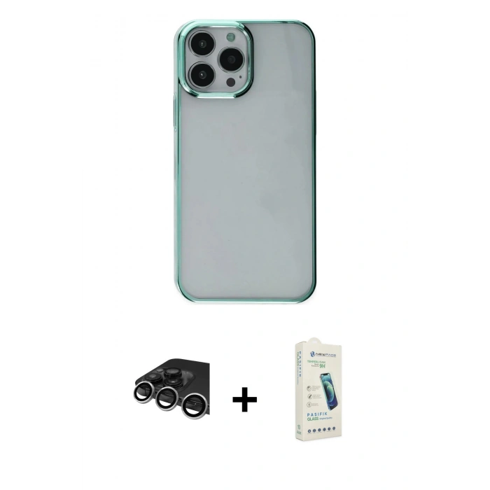 MARSİLYAN™- iPhone 14 Pro Max Kılıf Doruk Doku Prime - Şeffaf Pasifik Cam Ekran Koruyucu + Raze Metal Kamera Lens - GS