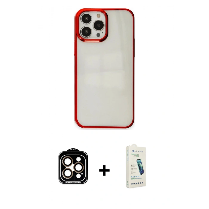 MARSİLYAN™- iPhone 14 Pro Max Kılıf Doruk Doku Prime - Şeffaf Pasifik Cam Ekran Koruyucu + PVD Metal Kamera Lens - TU