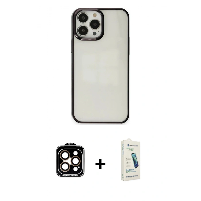MARSİLYAN™- iPhone 14 Pro Max Kılıf Doruk Doku Prime - Şeffaf Pasifik Cam Ekran Koruyucu + PVD Metal Kamera Lens - TU