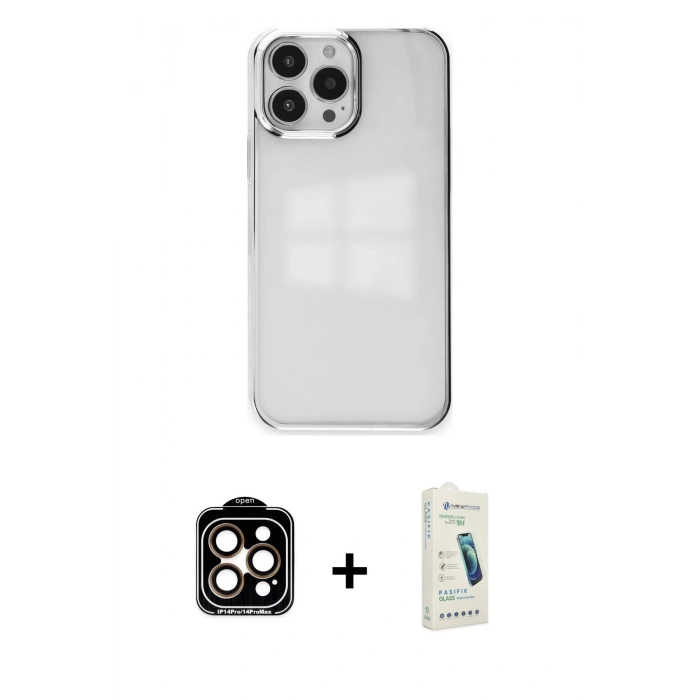 MARSİLYAN™- iPhone 14 Pro Max Kılıf Doruk Doku Prime - Şeffaf Pasifik Cam Ekran Koruyucu + PVD Metal Kamera Lens - TU