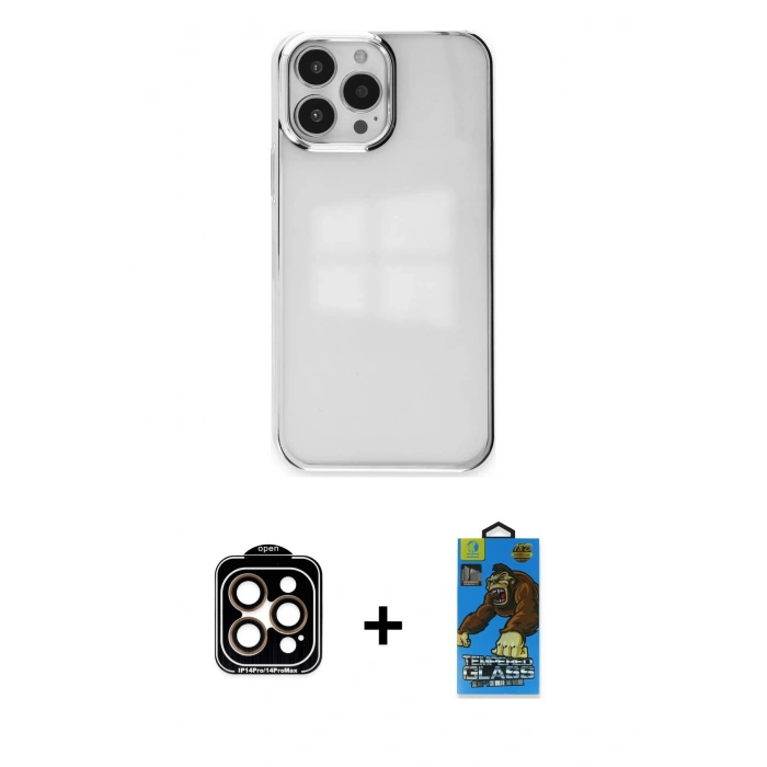 MARSİLYAN™- iPhone 14 Pro Max Kılıf Doruk Doku Prime - Siyah 18D Cam Ekran Koruyucu + PVD Metal Kamera Lens - TU