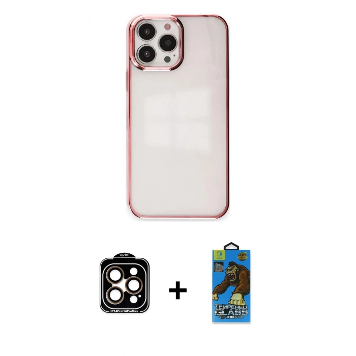 MARSİLYAN™- iPhone 14 Pro Max Kılıf Doruk Doku Prime - Siyah 18D Cam Ekran Koruyucu + PVD Metal Kamera Lens - TU