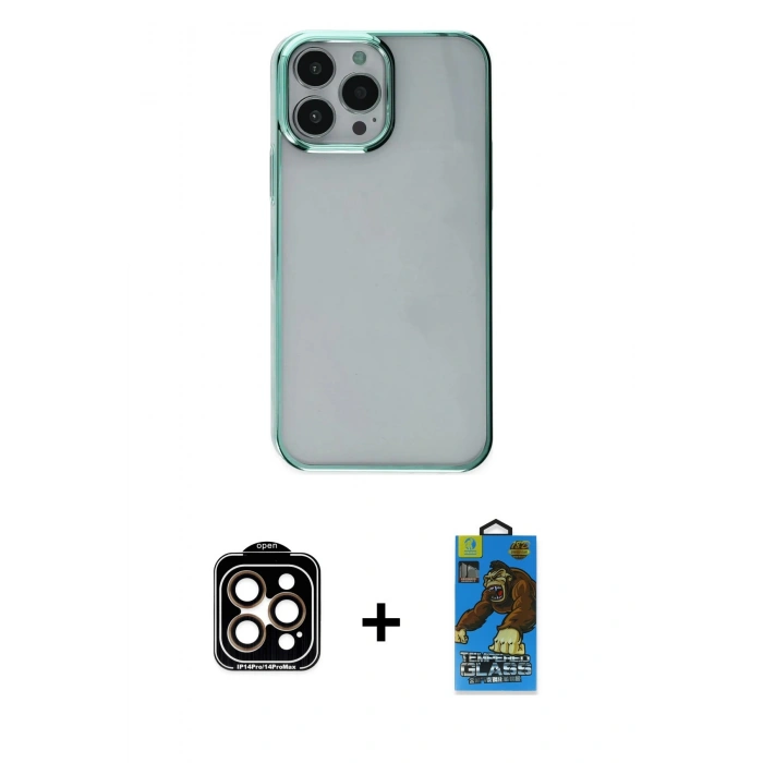 MARSİLYAN™- iPhone 14 Pro Max Kılıf Doruk Doku Prime - Siyah 18D Cam Ekran Koruyucu + PVD Metal Kamera Lens - TU