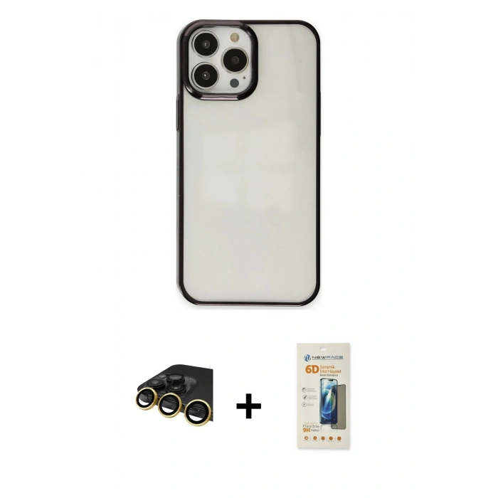 MARSİLYAN™- iPhone 14 Pro Max Kılıf Doruk Doku Prime - Siyah 6D Mat Seramik Hayalet Nano Ekran Koruyucu + Raze Metal Kamera Lens - GD