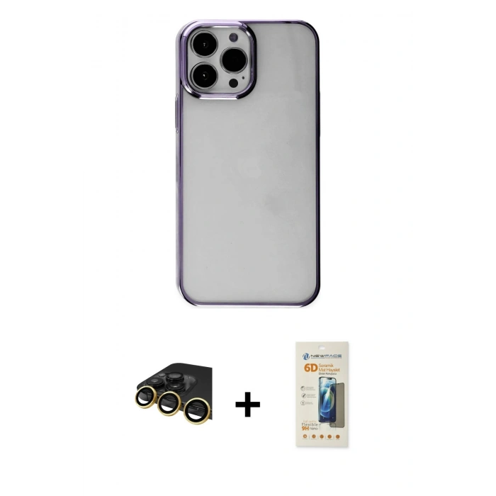 MARSİLYAN™- iPhone 14 Pro Max Kılıf Doruk Doku Prime - Siyah 6D Mat Seramik Hayalet Nano Ekran Koruyucu + Raze Metal Kamera Lens - GD
