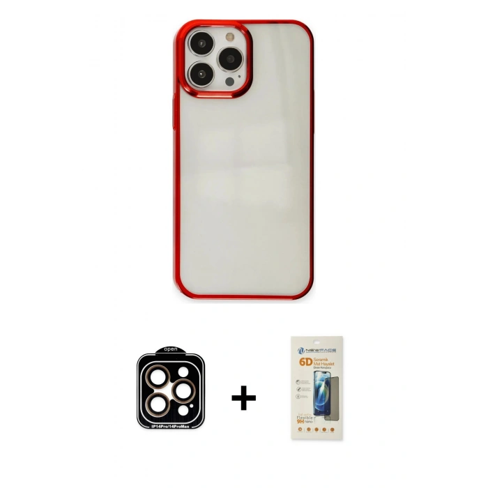 MARSİLYAN™- iPhone 14 Pro Max Kılıf Doruk Doku Prime - Siyah 6D Mat Seramik Hayalet Nano Ekran Koruyucu + PVD Metal Kamera Lens - TU