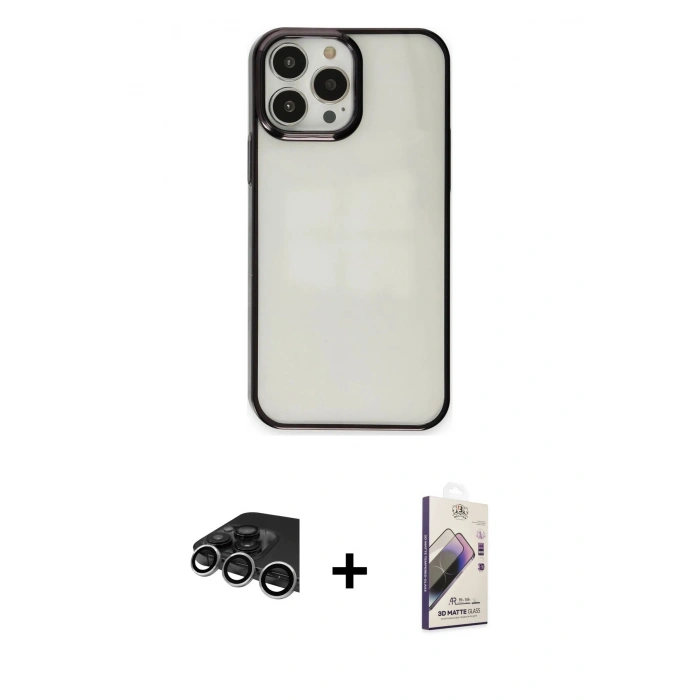 MARSİLYAN™- iPhone 14 Pro Max Kılıf Doruk Doku Prime - Siyah Bilvis 3D Mat Cam Ekran Koruyucu + Gümüş Raze Metal Kamera Lens