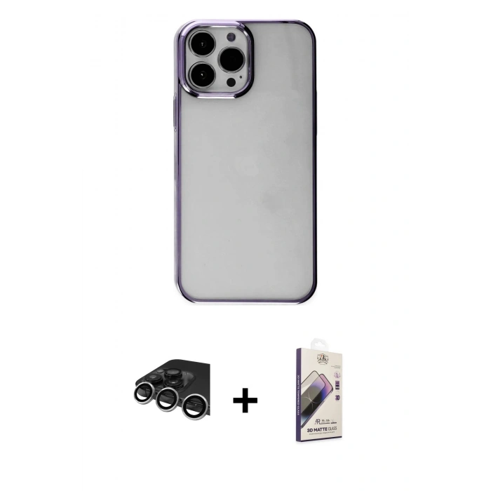 MARSİLYAN™- iPhone 14 Pro Max Kılıf Doruk Doku Prime - Siyah Bilvis 3D Mat Cam Ekran Koruyucu + Gümüş Raze Metal Kamera Lens