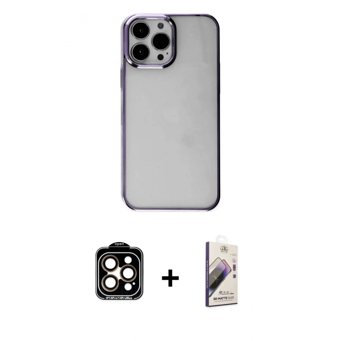 MARSİLYAN™- iPhone 14 Pro Max Kılıf Doruk Doku Prime - Siyah Bilvis 3D Mat Cam Ekran Koruyucu + Turuncu PVD Metal Kamera Lens