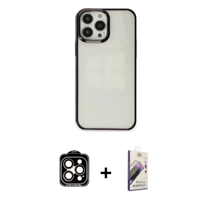 MARSİLYAN™- iPhone 14 Pro Max Kılıf Doruk Doku Prime - Siyah Bilvis 3D Mat Cam Ekran Koruyucu + Turuncu PVD Metal Kamera Lens