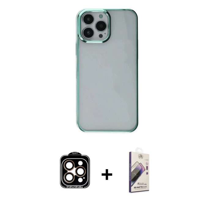 MARSİLYAN™- iPhone 14 Pro Max Kılıf Doruk Doku Prime - Siyah Bilvis 3D Mat Cam Ekran Koruyucu + Turuncu PVD Metal Kamera Lens
