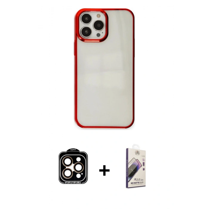 MARSİLYAN™- iPhone 14 Pro Max Kılıf Doruk Doku Prime - Siyah Bilvis 3D Mat Cam Ekran Koruyucu + Turuncu PVD Metal Kamera Lens