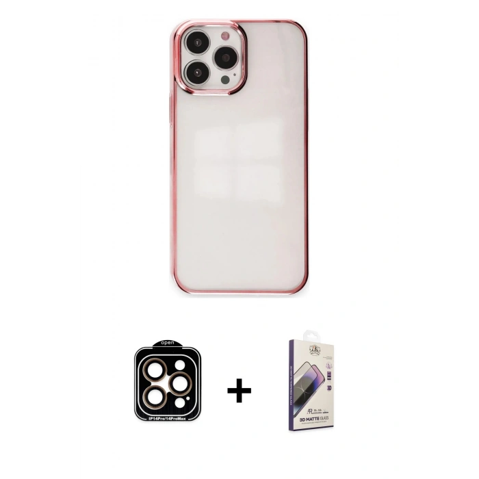 MARSİLYAN™- iPhone 14 Pro Max Kılıf Doruk Doku Prime - Siyah Bilvis 3D Mat Cam Ekran Koruyucu + Turuncu PVD Metal Kamera Lens