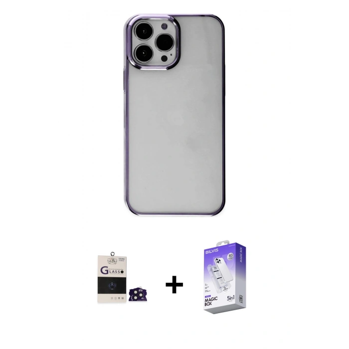 MARSİLYAN™- iPhone 14 Pro Max Kılıf Doruk Doku Prime - Siyah Bilvis 5in1 3D Magic Cam Ekran Koruyucu + Derin Mor Bilvis Titan Kamera Lens