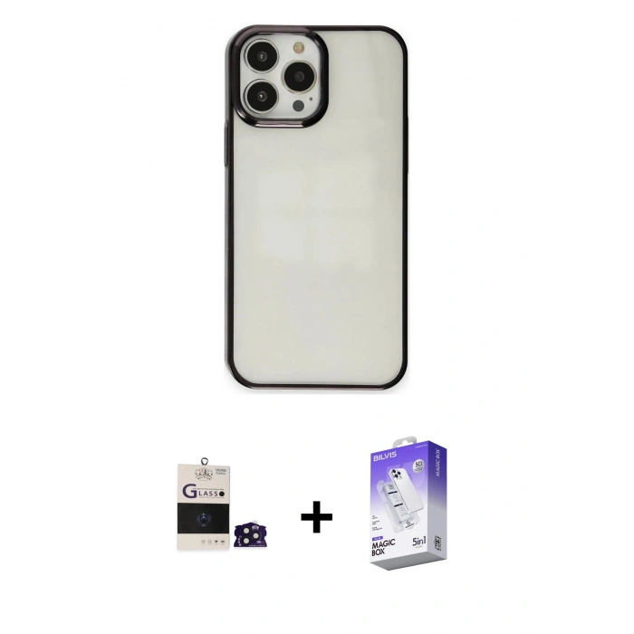 MARSİLYAN™- iPhone 14 Pro Max Kılıf Doruk Doku Prime - Siyah Bilvis 5in1 3D Magic Cam Ekran Koruyucu + Derin Mor Bilvis Titan Kamera Lens