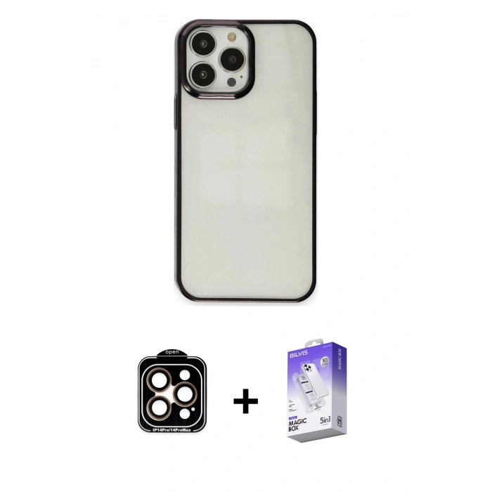 MARSİLYAN™- iPhone 14 Pro Max Kılıf Doruk Doku Prime - Siyah Bilvis 5in1 3D Magic Cam Ekran Koruyucu + PVD Metal Kamera Lens - TU