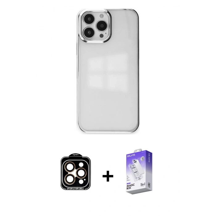 MARSİLYAN™- iPhone 14 Pro Max Kılıf Doruk Doku Prime - Siyah Bilvis 5in1 3D Magic Cam Ekran Koruyucu + PVD Metal Kamera Lens - TU